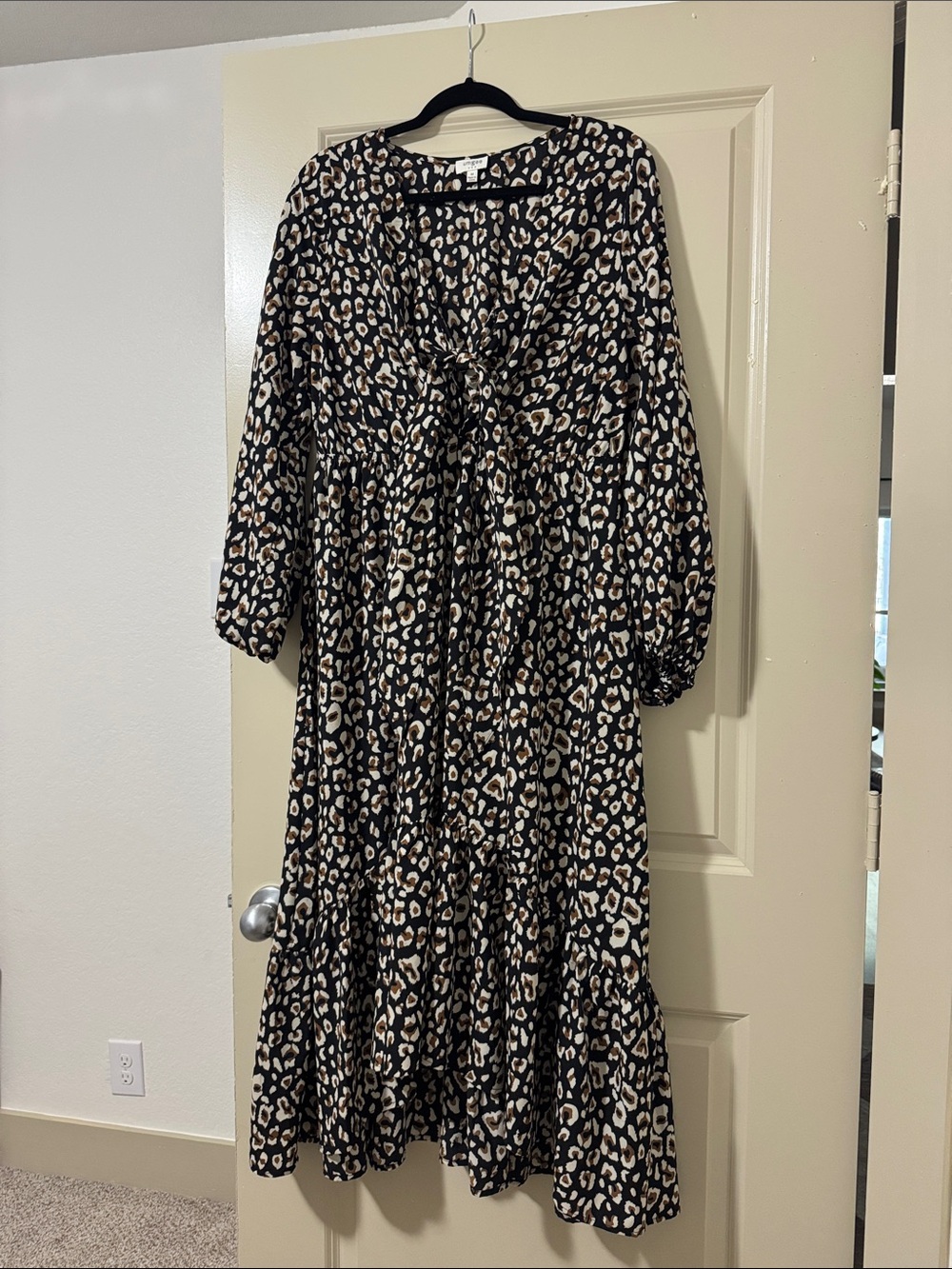 Umgee Leopard Print Black Tiered Midi Dress with Tie Front